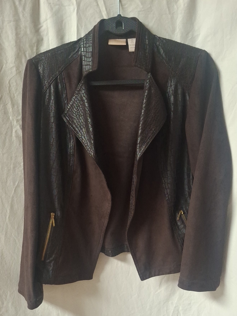Chico's Brown Faux Suede & Crocodile Open Moto Jacket - Size 0 (US 4/6)